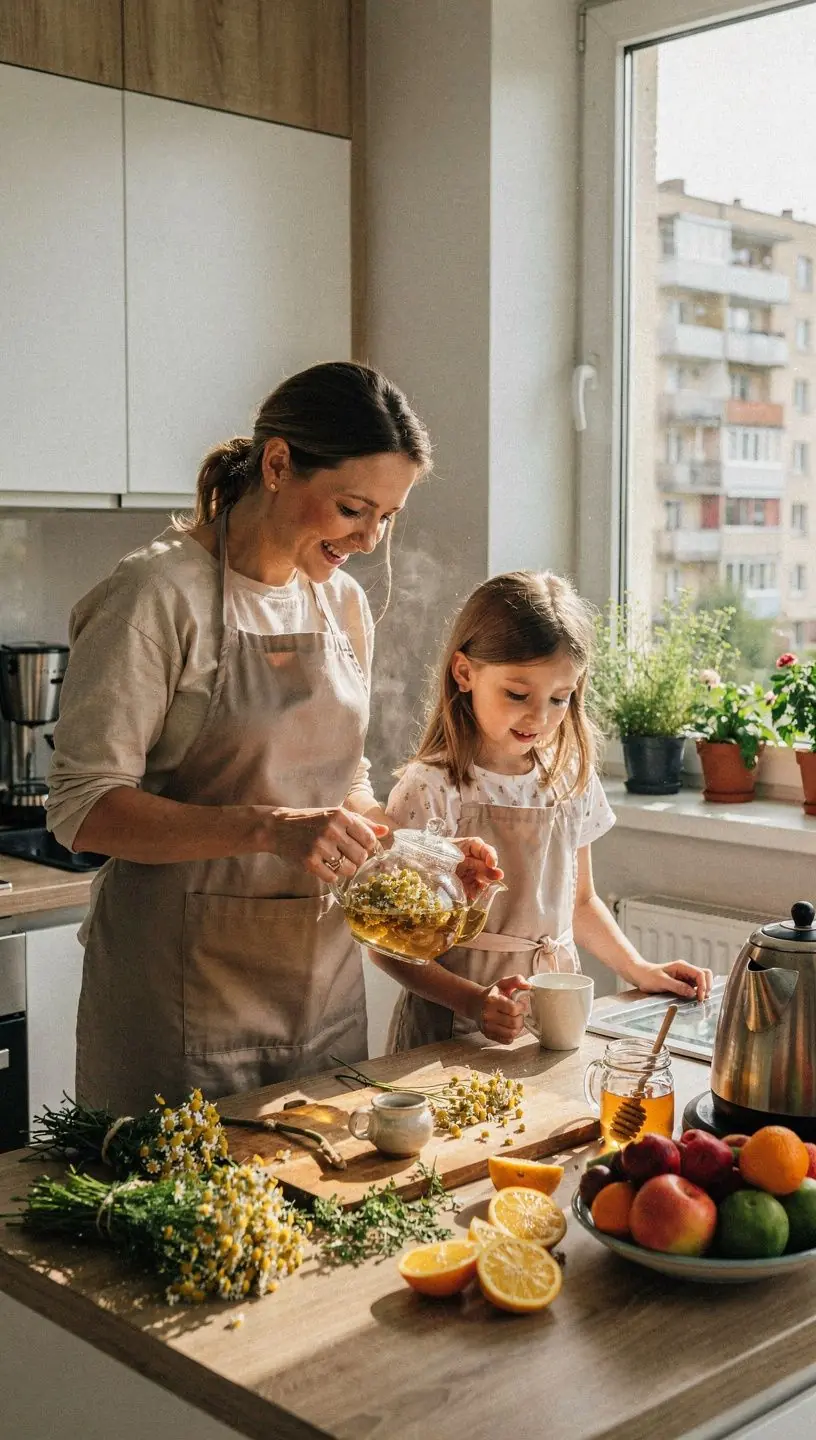 Natūralūs arbatos lapai ir žolelės ant medinio paviršiaus, pabrėžiantys natūralumą ir sveikatą.